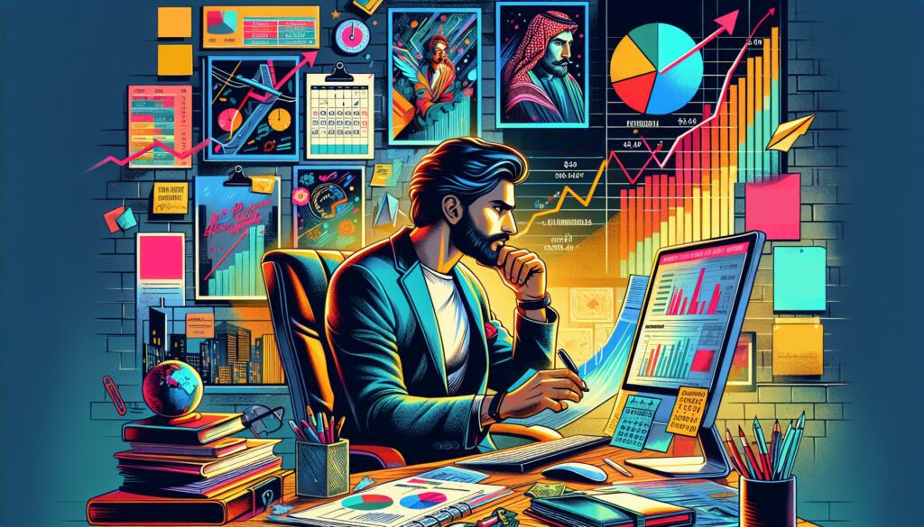 A focused man sits at a desk analyzing charts and financial data on a computer, surrounded by colorful graphs, reports, and planning visuals on the wall.