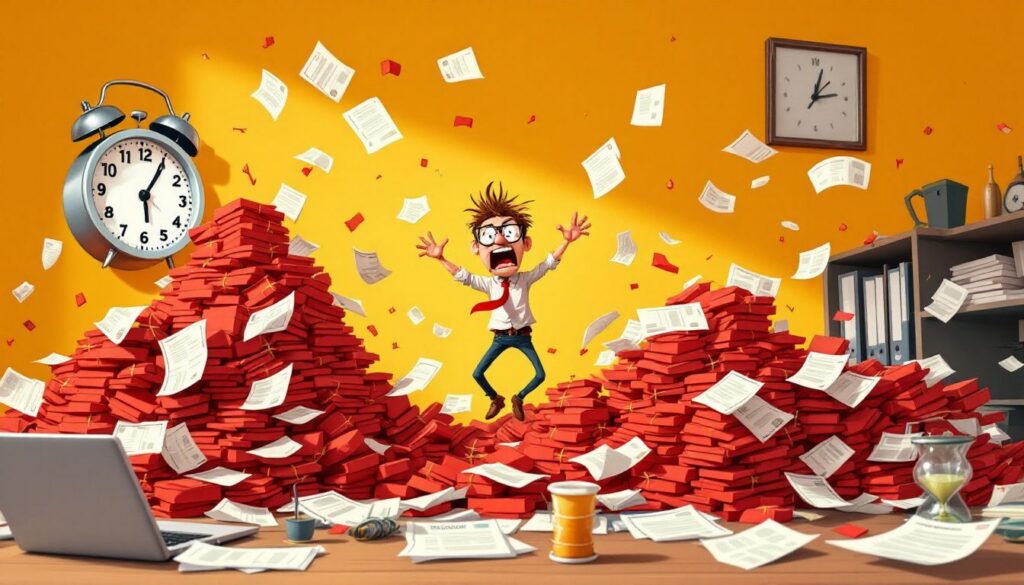 Overdue invoices piled up on a desk creating financial stress